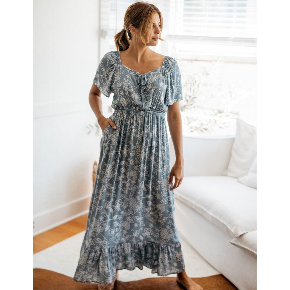 Sozy Lorena Stone Blue Floral Peekaboo Tie Ruffled Hem Maxi Dress S Airy Boho
